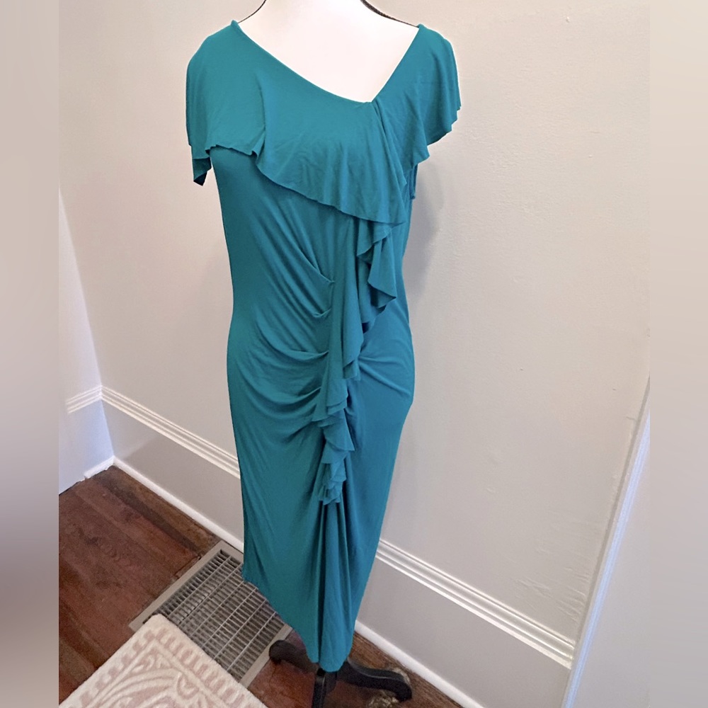 NWOT DKNYC Dress Size L Green Asymmetrical Ruched Ruffle Stretch Women's NWOT